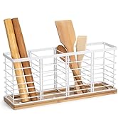 Lonian Large Kitchen Utensil Holder with Bamboo Base, 4 Compartments Metal Cooking Utensil Organi...