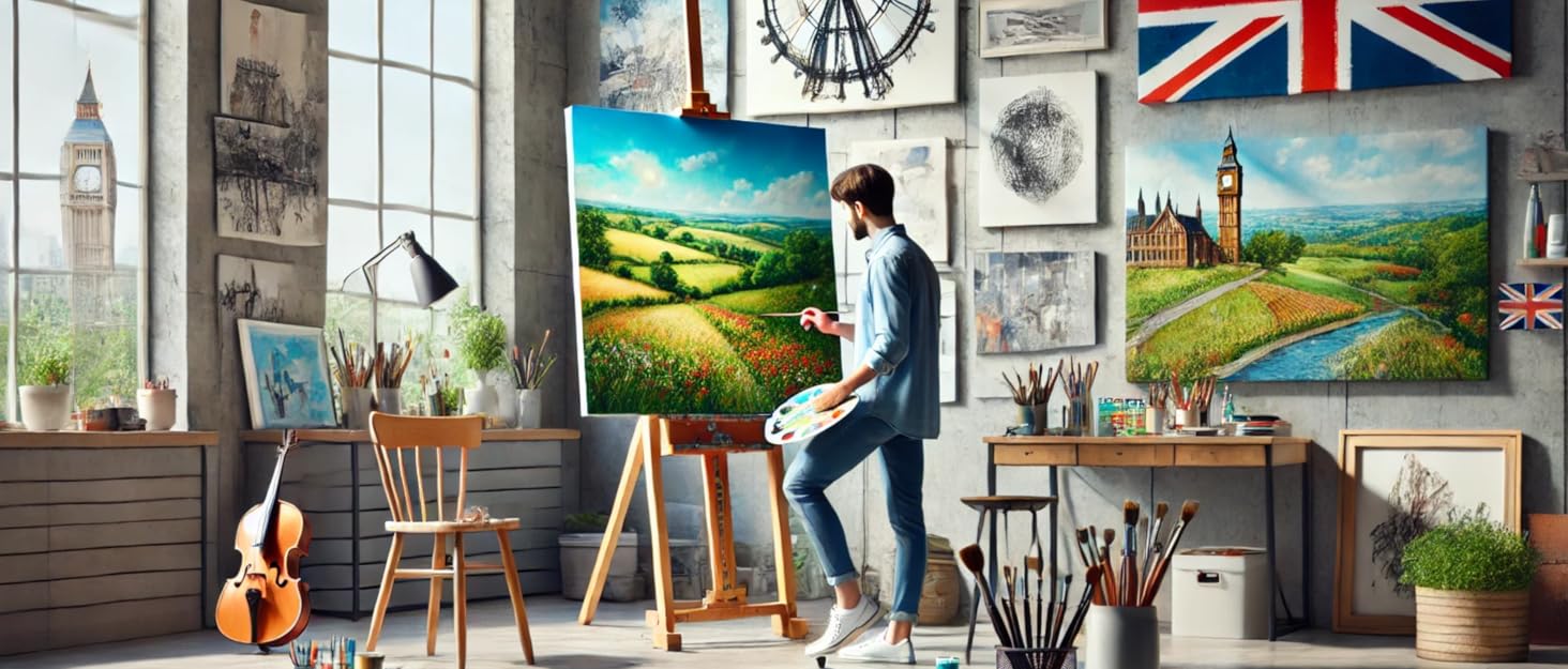 Artist studio with paintings of British landscapes, including Big Ben. Room features easels, art supplies, violin, and person viewing artwork. British-themed decor includes Union Jack flag.