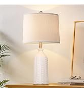JUNNAI White Ceramic Table Lamp 24.5": 3-Way Dimmable Bedside Lamp with White Drum Slub Shade, Mo...