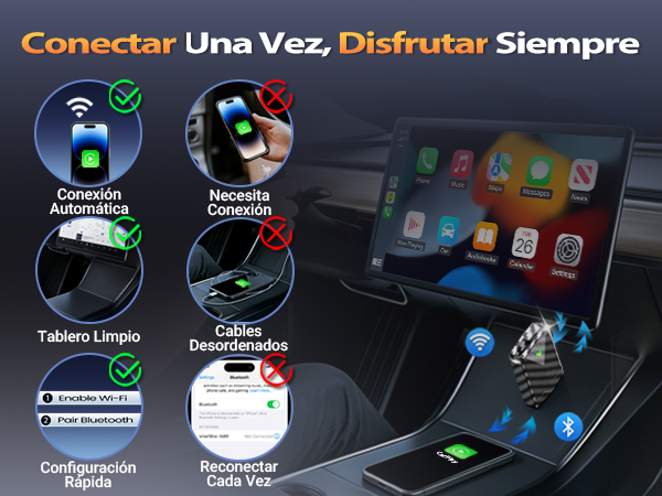 Wireless CarPlay adapter supports auto connection, quick setup, and a clean dashboard