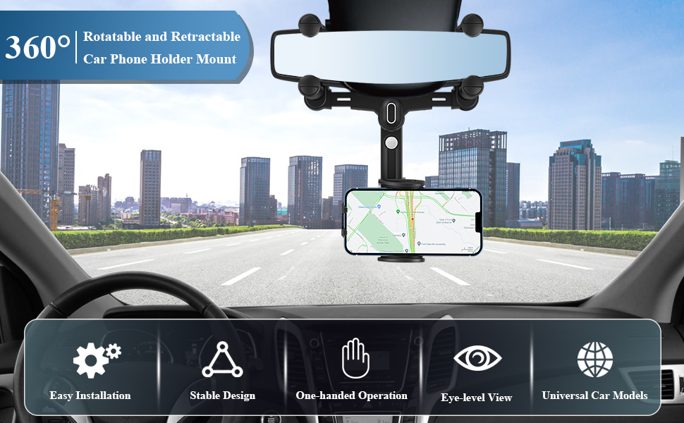 Phone Mount for Car, 360° Rotatable and Retractable Car Phone Holder Mount