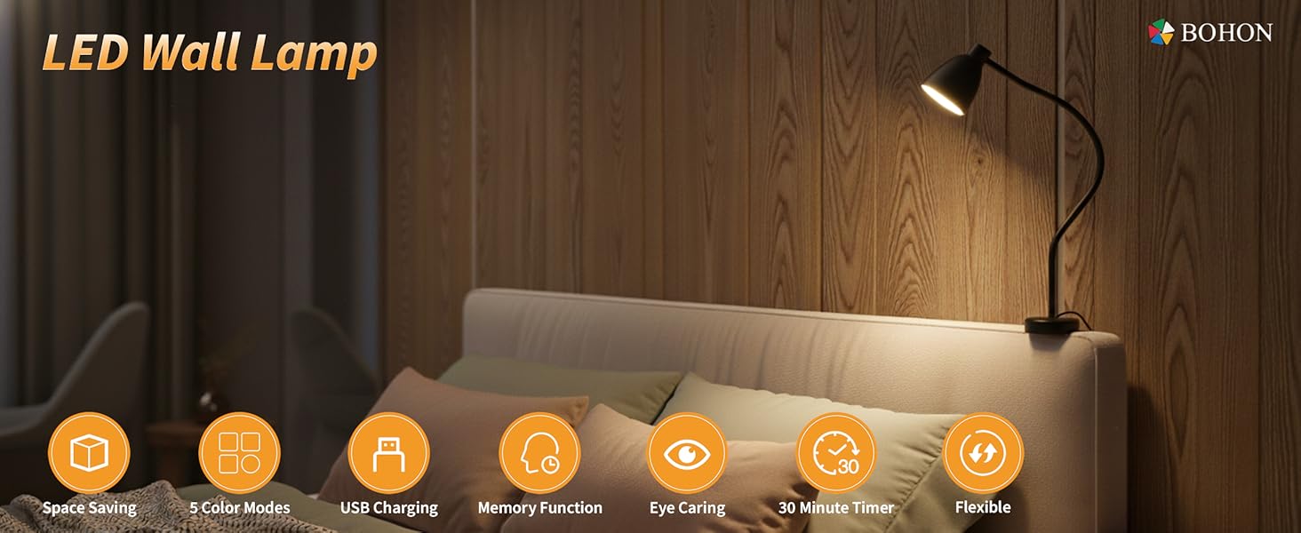 Reading Lights for Books in Bed Bedside Lamp Bed Wall Lamps for Bedroom Headboard Office Home