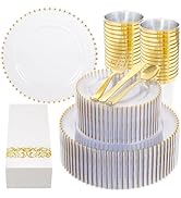 LIYH 350 Pcs Clear Plastic Plates - Gold Rim Plastic Dinnerware Set Elegant Disposable Plates Inc...
