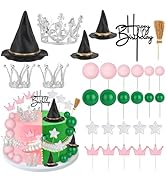 Hooqict 30 Pieces Pink and Green Cake Decorations with Mini Black Witch Hat, Silver Crown, Broom,...