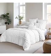 Homechoice Decor White Comforter Set Queen, 7 Piece Ruffled Bed-in-a-Bag with Decorative Pillows,...