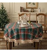 Q&J FABRIC CO. Plaid Tassel 60 Inch Round Tablecloth Poly Cotton Green Boho Gingham Table Cloths ...