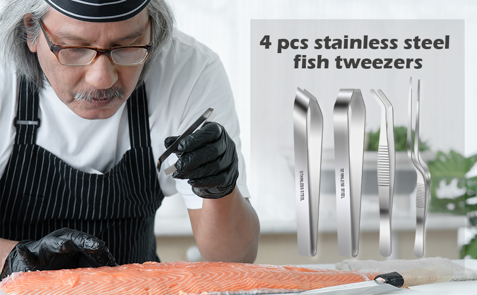 Fish Bone Tweezers Set, Two 4.6" Stainless Steel Tweezer and Two 5.5" Tongs