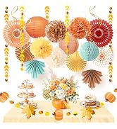 AOBKIAT Fall Party Decorations Kit,Orange Brown Yellow Blue Paper Decor | 21PCS with Paper Pom Po...