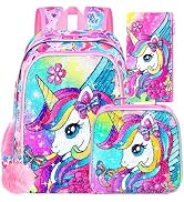 ZLYERT 3Pcs Unicorn Backpack for Girls, Sequin Bookbag for Elementary Preschool Students, 16" Kid...