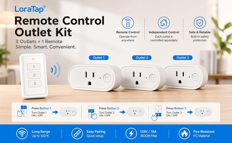 LoraTap remote control outlet kit: 3 independent sockets, 100ft range, 15A/1800W safe power control
