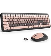 Fogruaden Quiet Pink Wireless Keyboard and Mouse, 2.4GHz Retro Cute Typewriter-Style Full-Size Co...