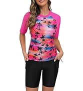 Tournesol Women's Two Piece Rash Guard Short Sleeve Swim Shirts UPF 50+ Built in Bra Swimsuit wit...