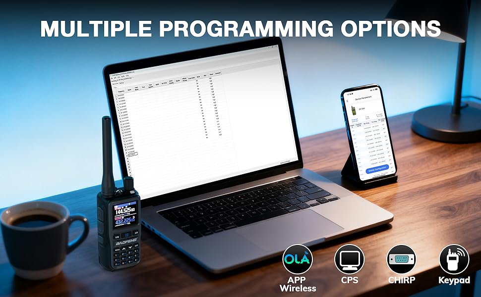Support Bluetooth APP Programming, PC CPS Programming, CHIRP and keypad manual programming