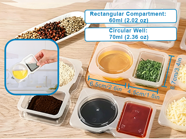 Pure Future 2-compartment containers with clear dimensions, 60ml/70ml capacities