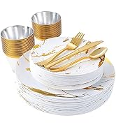 JOLLY PARTY 180PCS Disposable Dinnerware Set 30 Guest - 60 white And Gold Plastic Plates - 30 Pla...