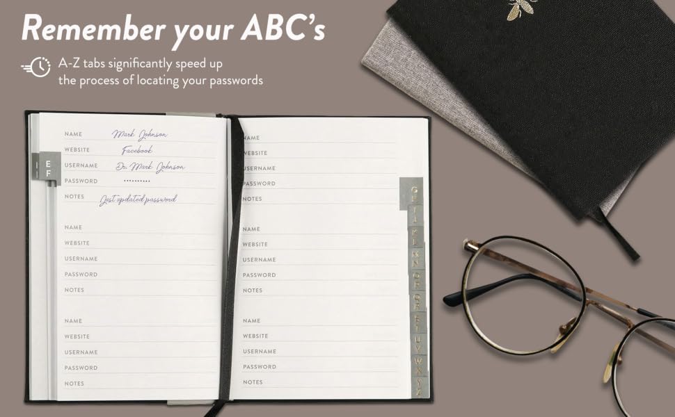 notes, log-ins, credentials, social media log ins, email passwords, password book