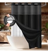 BTTN Black Ringless Shower Curtain Set, 3 in 1 Linen Textured Fabric Shower Curtain with Snap in ...