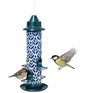 Lily's Home Blue Mosaic Tube Bird Feeder - Attracts Small Birds - 4 Feeding Ports, 3 or 4 Cups Ca...