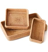 Rattan Serving Tray, Rectangle Basket Set of 3, Wicker Storage and Organizing Baskets, Natural De...