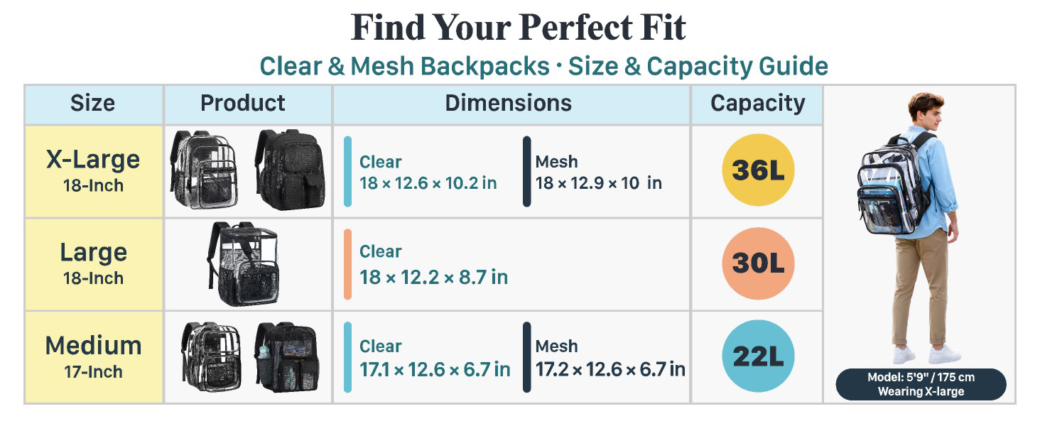 different capacity of clear backpack
