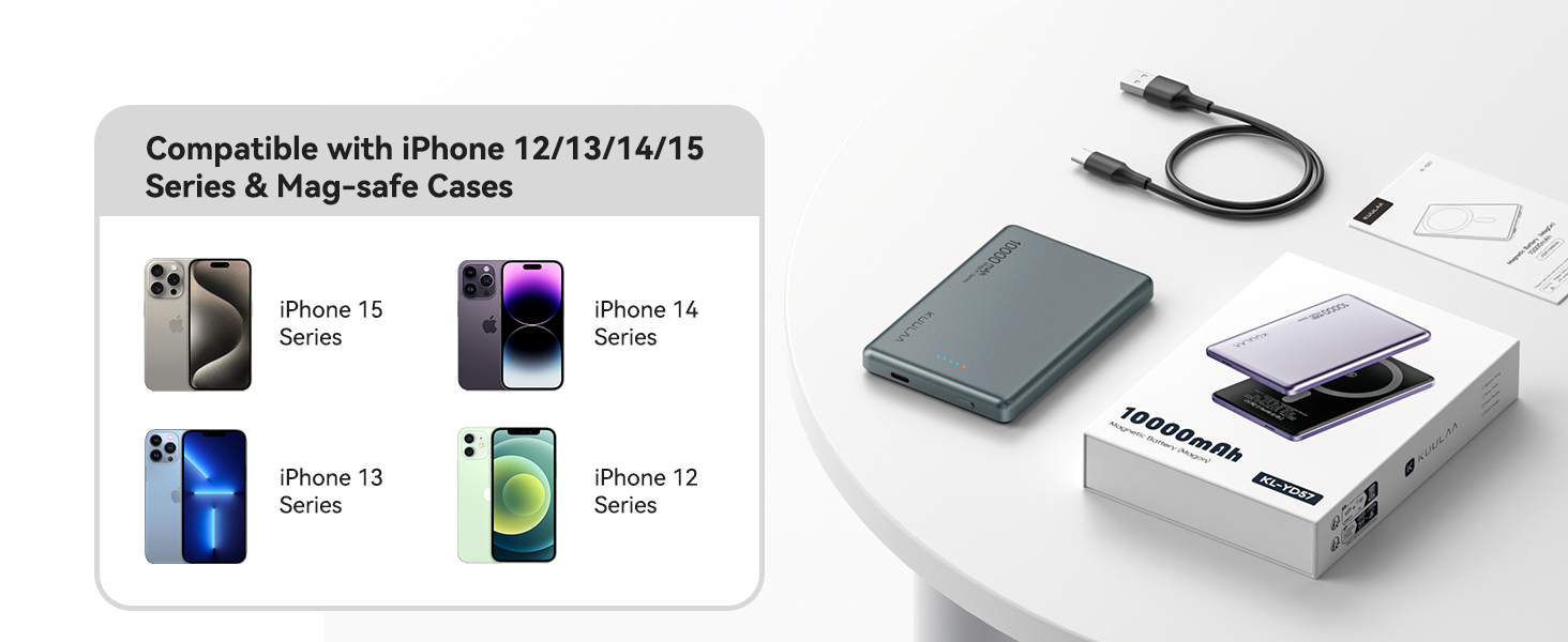 Product compatibility chart showing iPhone models 12-15 series with MagSafe cases, alongside charging accessories.