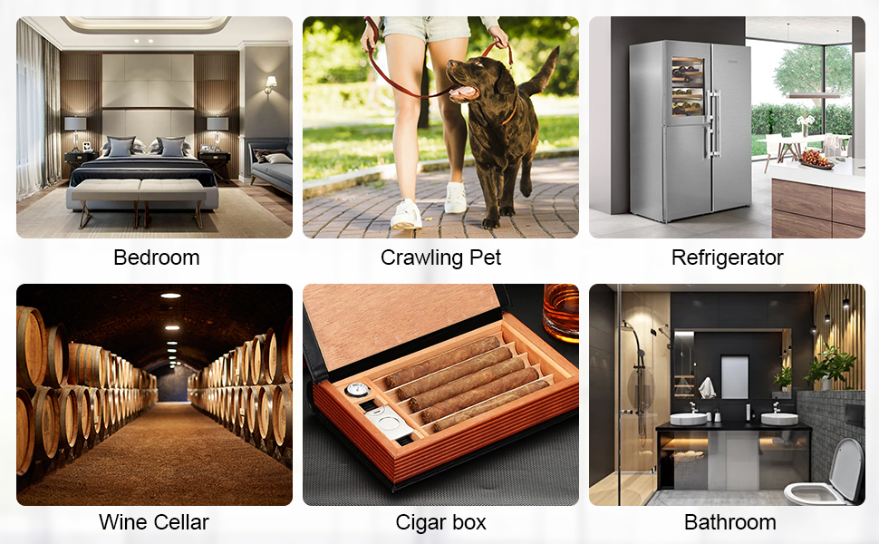 Collage of six luxury home features including modern bedroom, grooming area, stainless steel refrigerator, wine cellar with wooden racks, wooden cigar box, and contemporary bathroom.