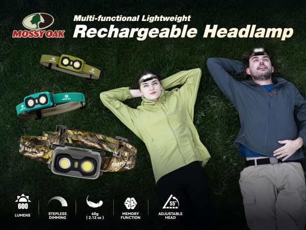 Mossy Oak lightweight headlamp with Memory Function, 6 Lighting Modes, max 600 lumens