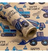 RUSPEPA Kids Wrapping Paper Roll, Mini Roll, Blue Truck and HAPPY BIRTHDAY Text Design Kraft Wrap...