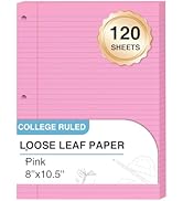 Pink Loose Leaf Paper 8 x 10.5, 120 Sheets Lined Paper College Ruled Paper, 3 Hole Punched Notebo...