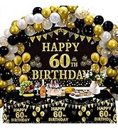 Trgowaul 60th Birthday Decorations Men Women - Black Gold Happy 60 Birthday Backdrop Banner, 2 Pc...