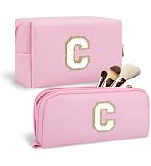 2Pack Personalized Initial Letter Patch Makeup Bag,Pink Cute Preppy Cosmetic Bag with Small Makeu...