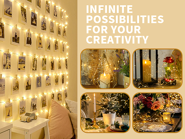 DIY fairy light decoration ideas for photo walls wreaths and Christmas centerpieces