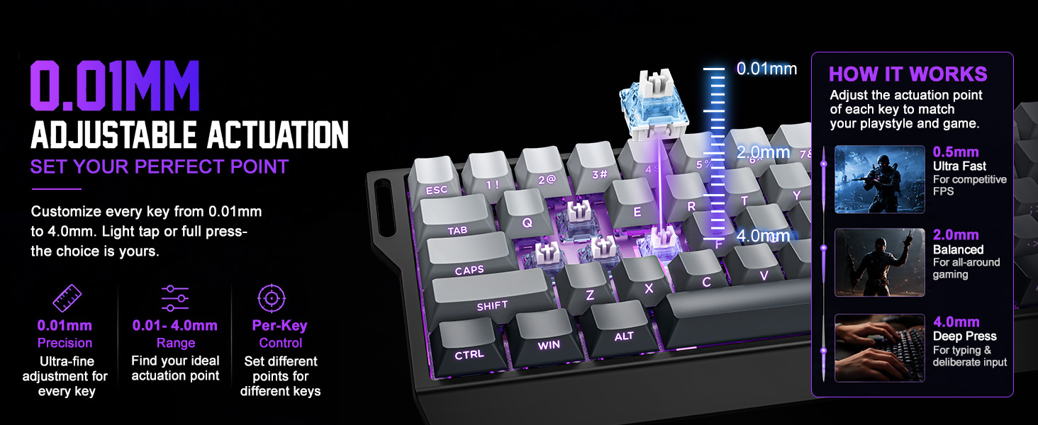 Rapid Trigger 0.01mm adjustable actuation magnetic switches gaming keyboard zero delay FPS Apex