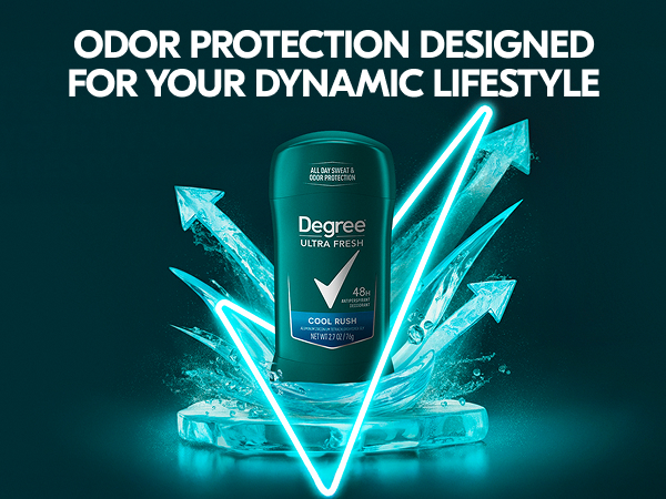 Degree Ultra Fresh Cool Rush Deo Stick on top of ice with arrows shooting up and the logo upfront.