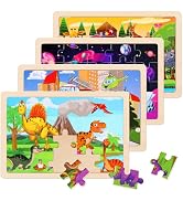 Wooden Puzzles Toys for Kids Ages 3-5, Set of 4 Packs Dinosaur, Space, Transportation Wood Toddle...