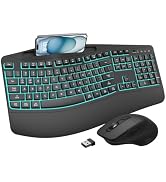 EDJO Wireless Ergonomic Keyboard and Mouse Combo, 7-Color Backlit Wave Keys | Rechargeable full-s...