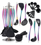 Silicone Cooking Utensils Set, 17pcs Kitchen Utensil Set with Rotatable Holder, Heat-Resistant Si...