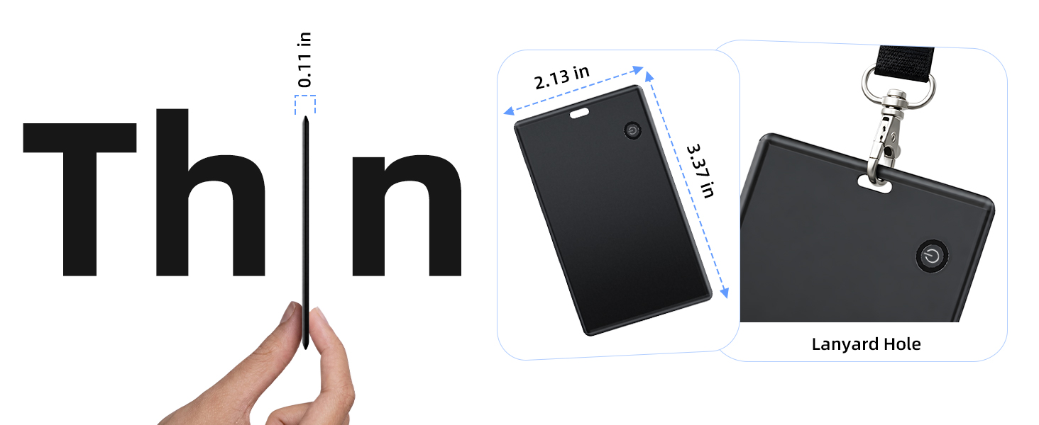 Ultra-slim 0.11-inch tracker card with credit-card dimensions and lanyard hole
