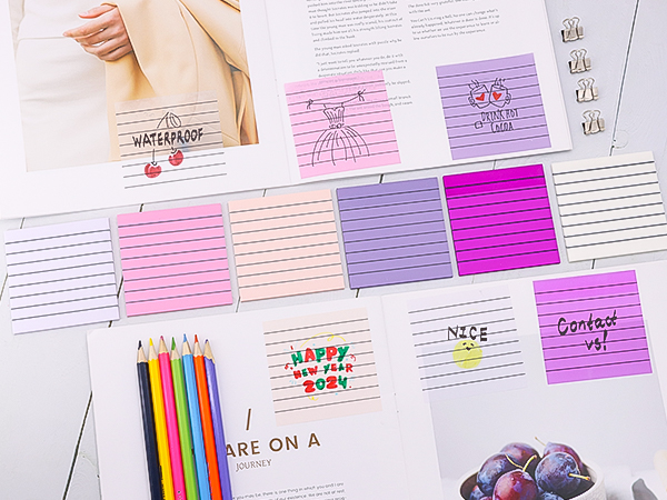 purple sticky notes with lines