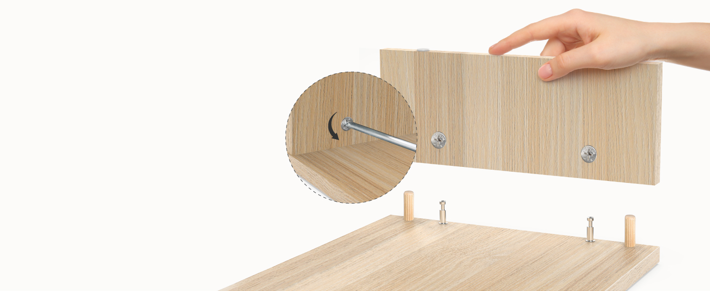 Assembly sequence showing wooden components being fitted together to create what appears to be a storage or organizational unit.