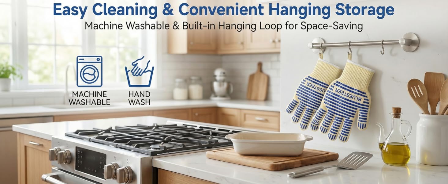 oven mitts, machine washable & hand washable, with built-in hanging loop for easy storage