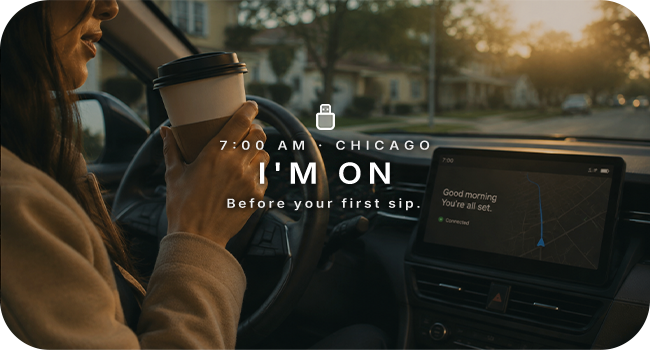Wireless CarPlay adapter auto-connects before morning commutes for easier navigation.