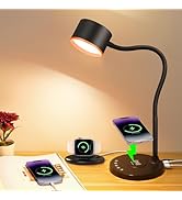 LED Desk Lamp with Wireless Charger, USB C + A Charging Ports, Eye-Caring Metal Bedside Lamp, 5 C...