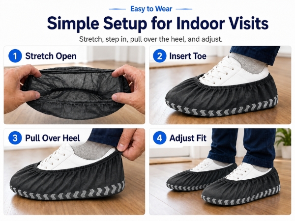 Four-step guide showing how to put on black disposable shoe covers