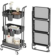 DTK 3 Tier Foldable Rolling Cart, Metal Utility Cart with Lockable Wheels, Folding Storage Trolle...