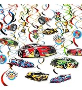 HonuGoGo Race Car Hanging Swirl Decorations, 18PCS Ceiling Streamers Kit with Checkered Flags, Ca...