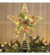 Brizled Christmas Tree Star, 10'' Rattan Christmas Tree Topper with 30 LED Lights, Battery Powere...