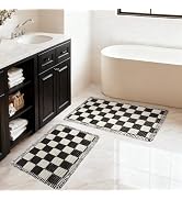 MatEssenz 2 Piece Checkered Bath Mat Set (17"x24" & 18"x30"), Black and White Waffle Weave Bathro...