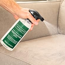 Sequential product demonstration images showing application of cleaning or treatment product on light-colored upholstered furniture. Green-labeled bottle visible in multiple frames.