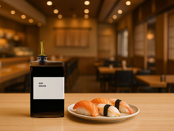 Soy sauce in dispenser bottle next to plate of sushi on wooden counter in restaurant setting